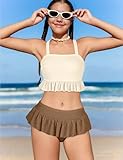 MIGU Teen Swimsuits for Girls 12-14 Girls Bathing Suits Beige Brown Adjustable Straps with Ruffled Hem Cute Girls Bikini 2 Piece Swimsuit for Girls Swimwear 13-14