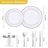 Goodluck 600 Piece Disposable Silver Plates for 100 Guests, Plastic Dinnerware Set of 100 Dinner Plates, 100 Salad Plates, 100 Spoons, 100 Forks, 100 Knives, 100 Cups, Plastic Plates for Party