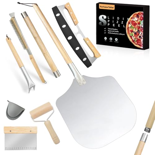 7PCS Pizza Oven Accessories Kit – Premium Pizza Making Tools Set for Home & Outdoor Ovens – Includes Pizza Peel, Oven Brush, Bubble Popper Turner, Rocker Cutter, Dough Roller & Scraper