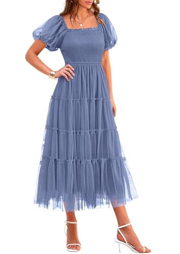 PRETTYGARDEN Women's Smocked Midi Tulle Dress 2025 Summer Puffy Short Sleeve Square Neck Ruffle Wedding Guest Party Dresses (Grey Blue,Medium)