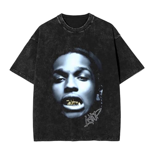 YTVTRXTVU Youth Men American ASAP Rapper Rocky Hip Hop Shirt Crew Neck Short Sleeve Shirt, Oversized Cool Cotton Tees Tops Shirt for Men, Graphic Streetwear Custom Tees Top Large Black