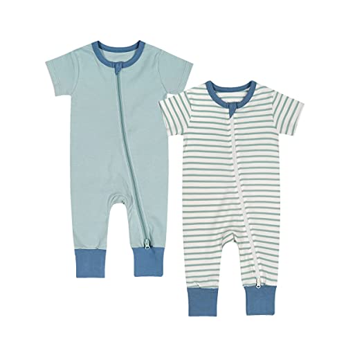 Teach Leanbh Toddler Baby Boys Girls 2-Pack Pajamas Cotton 2 Way Zipper Short Sleeve Footless Romper Sleep and Play (Green+Grey, 3-4 Years)