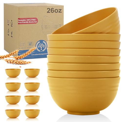 Wheat Straw Bowl Set of 8, Unbreakable Cereal Bowls 26 OZ,Freezer and Dishwasher Safe Bowl Sets,Breakfast Bowls suitable for cereal,salad,snack and soup (Yellow)