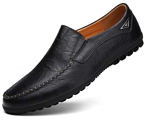 Go Tour Men's Premium Genuine Leather Casual Slip on Loafers Breathable Driving Shoes Fashion Slipper A Black 10.5/46