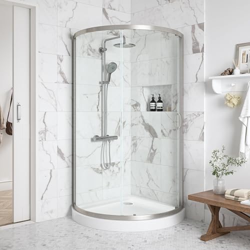 OVE Decors Breeze 32 in. Corner Shower Clear Sliding Door with Base in Satin Nickel Finish