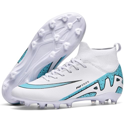 Men's Soccer Shoes Football Cleats High-Tops Lace-Up Non-Slip Spikes Indoor Outdoor Sports Athletic Baseball Lacrosse Sneaker White EU 41