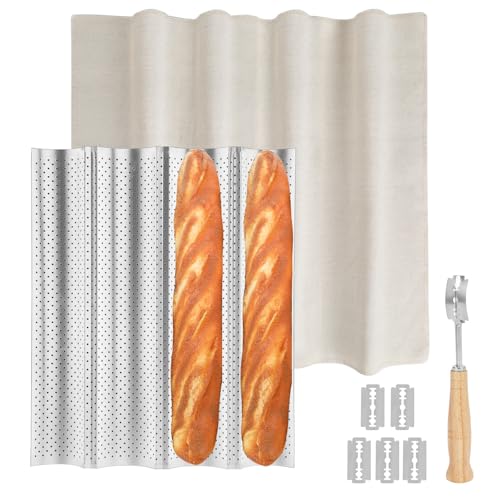 Spmarkt Silver French Baguette Bread Pan Kit, Non-Stick Baguette Tray with Proofing Cloth, Bread Lame for Baking