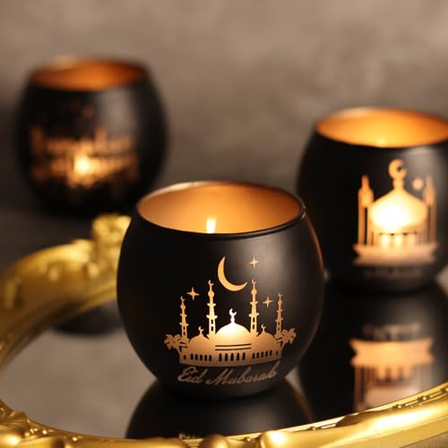 SHMILMH Ramadan Table Decor, Ramadan Mubarak Decoration, Glass Votive Tealight Candle Holders, Eid Decorations for Home Gift