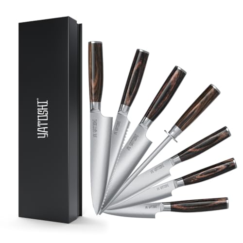 Yatoshi Kitchen Knife Set - 7 Piece, Ultra Sharp High Carbon Stainless Steel, Hidden Tang with Pakkawood Handles