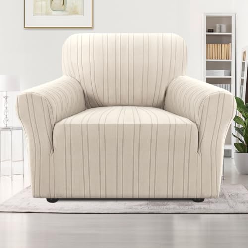H.VERSAILTEX High Stretch Chair Covers 1-Piece Couch Cover Non Slip Sofa Cover with Elastic Bottom Sofa Covers Washable Polyester Spandex Jacquard Fabric Stripe Design(Armchair-Standard, Natural)