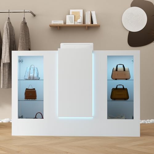 ROMSHINE Reception Desk with Counter, 59.1 inch Front Desk with LED Light & Glass Display Shelf, Reception Room Table with Cable Grommet, Retail Counter Salon Reception for Checkout, White