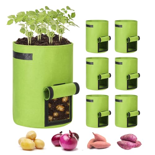 JERIA 6-Pack 10 Gallon Green Potato Grow Bags with Flap Window，Thickened Nonwoven Fabric Container for Potato, Tomato, Carrot, Vegetable and Fruits