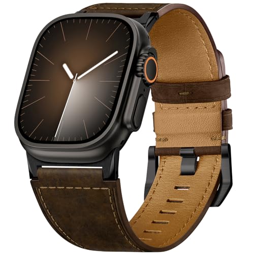 Suitisbest Leather Bands Compatible for Apple Watch Ultra Band 49mm 46mm 45mm 44mm 42mm, Genuine Calfskin Leather Durable Matel Connector Replacement Strap Fits Men iWatch Ultra 10 9 8 7 6 5 4 3 SE