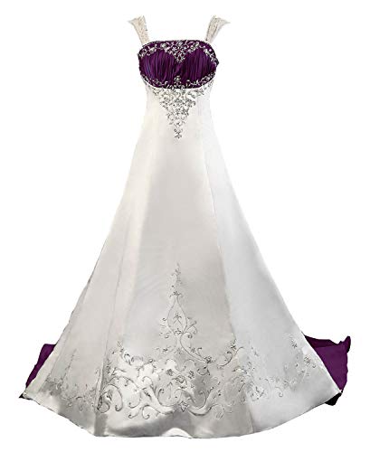 Lafkxn Women's Detachable Straps Embroidery Satin Wedding Dress Bride Gown Size 24 White Purple