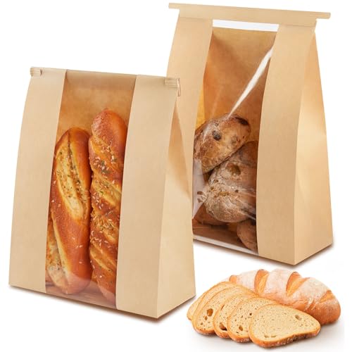 Ohuimrt 100 PCS Large Paper Bread Bags, 13.7 x 8.2 x 3.5 Inches Bakery Bags with Window, Homemade Bread Loaf Bags with Tin Tie Tab Lock and Seal Stickers