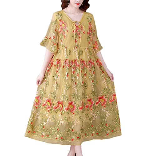 Women's Korean Style Floral Embroidery Long Dress Summer Bell Sleeve Loose Dress Yellow