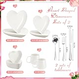 Suclain 14 Pcs Heart Shaped Dish Set Include 4 Matte Heart Shaped Ceramic Dinner Plate, 2 Pink Bowls, 2 Ceramic Coffee Mug, 6 Gold Cutlery Set for Party(White)