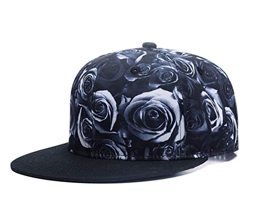 Quanhaigou Premium Floral Black White Rose Twill Adjustable Snapback Hat Hip-Hop Flat Peaked Baseball Caps