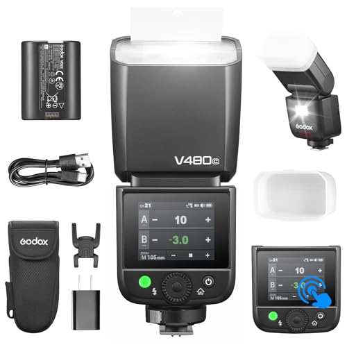 godox V480-C Flash for Canon Camera with Diffuser Touchscreen 10-Level Modeling Lamp TTL on Camera Flash 7.2 V/2200 mAh Rechargeable Battery GN50 1/8000 s High-Speed Sync 650 Full-Power Flashes