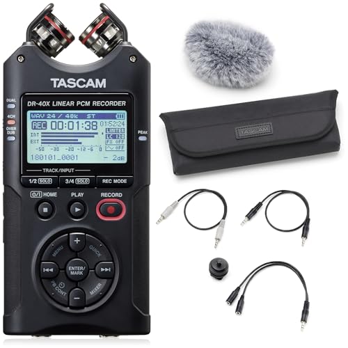 TASCAM DR-40X with Windscreen, Stereo Cables, and Case Bundle