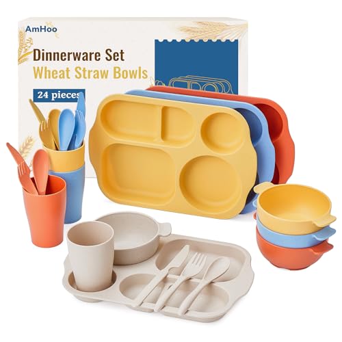 AmHoo 24 Pcs Wheat Straw Dinnerware Cutlery Set Including Kids Toddlers Divided Plates Bowl Microwave Dishwasher Safe Unbreakable Tableware Spoon Knife Fork Cup-Beige,Yellow,Blue,Orange