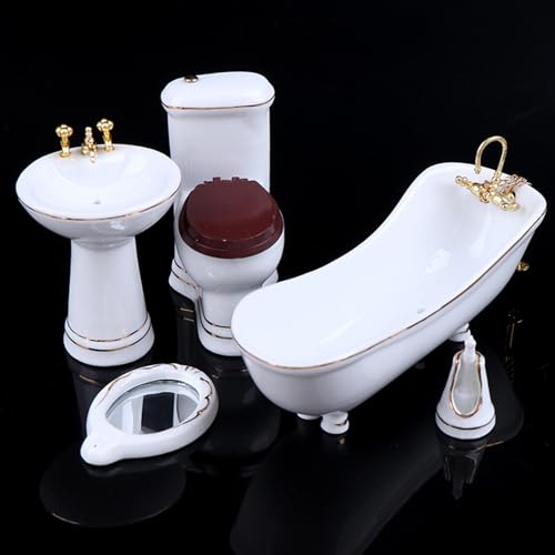 1:12 Dollhouse Miniature Porcelain Bathroom Set 5 PCS White Ceramic Toilet Basin Bathtub Mirror Miniature Furniture Doll Accessories for Bathroom Cake Topper Toy Fairy House Furniture Miniature Toys