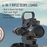 PINTY Rifle Scope Red Dot Laser Combo — 4in1 Gun Set: 3-9x32 Illuminated Hunting Scope, Green or Red Dot, Red Laser Sight, Pic Riser Mount — Tactical Scope and Laser for Shooting Airsoft More, Black