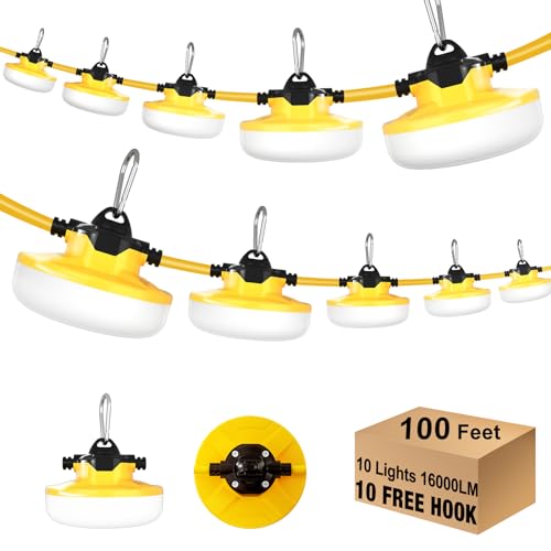 JC-LGL LED Construction String Light 100FT, 130W 16000Lm Industrial LED String Work Lights with 10 Bulbs, Linkable 5000K Super Bright Temporary Lighting for Construction Site, Job Site, Work Site