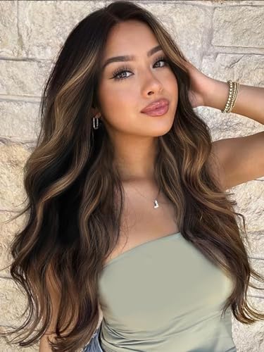 XIXIBI Long Brown Highlights Wigs for Women, Ombre Brown Mixed Blonde Wigs with Black Roots, Synthetic Long Curly Wavy Wigs With Lace Hairline, Heat Resistant Fiber Wig for Daily Party Use