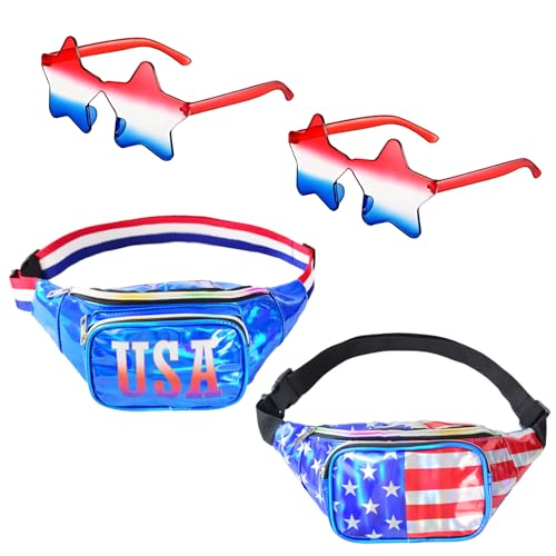 2 Set Holographic USA Flag Fanny Packs & Star Sunglasses, 4th of July Patriotic Belt Waist Bag, American Independence Day Accessories Men Women
