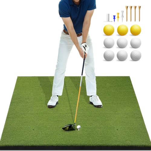 Large Golf Mat: 5x5ft 31MM Thick Heavy-Duty Golf Hitting Mats Practice Outdoor/Indoor, Elite Artificial Turf Mat with 9 Balls, 8 Tees for Driving, Swing in Backyard/Garage/Basement/Simulators
