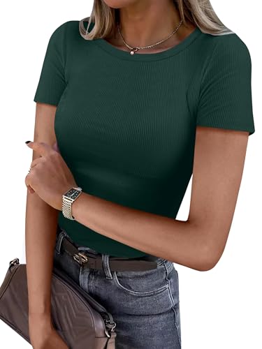 ANRABESS Women Short Sleeve Crewneck Rib Knit Slim Fitted Shirts Summer 2025 Basic Tee Tshirt Tops Underwear Outfits Clothes Forest Green Medium