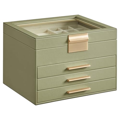SONGMICS Jewelry Box Organizer with Glass Lid, 4-Layer Jewelry Storage, with 3 Drawers, Modern Style, 8 x 9.1 x 6.5 Inches, Laurel Green and Gold Color UJBC173C02