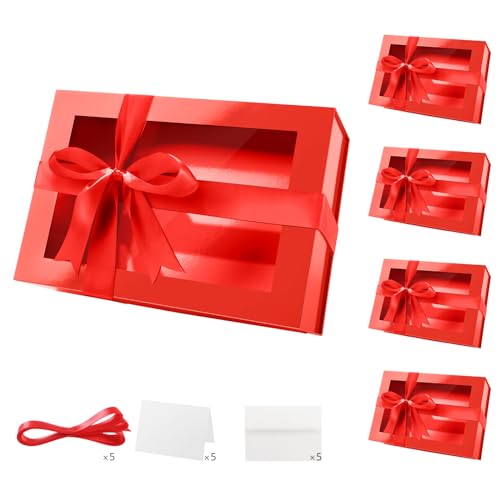 PACKQUEEN 5 Large Red Gift Boxes with Windows, 13.5x9x4.1 Inches Valentine's Day Clear Gift Boxes for Presents Contain Ribbons, Cards, Bridesmaid Proposal Boxes, Gift Boxes with Magnetic Lids (Glossy Red)