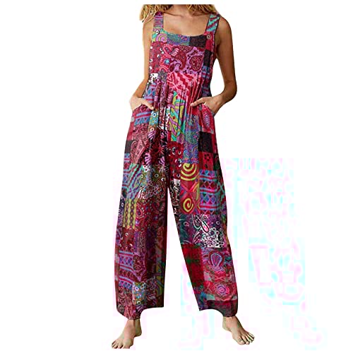 Jumpsuit for Women 2025 Retro Boho Floral Print Casual Loose Vintage Shoulder Strap Cotton Linen Jumpsuit Overalls Cute Adjustable Straps Wide Leg Jumpsuits With Pockets(A-Red,Medium)