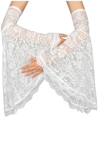 L'VOW Women's 1 Pair Detachable White Lace Bell Sleeves Witch Gloves Victorian Lace Arm Sleeve Wedding Angel Accessories