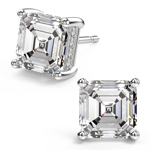 18K White Gold Plated Sterling Silver Asscher Cut Cubic Zirconia Stud Earrings for Women Men | Square CZ Stud Earrings Simulated Diamond Earrings Studs (8MM, White Gold)