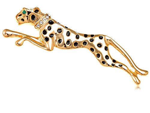 Alilang Golden Tone Shiny Clear Rhinestone Enamel Leopard Cougar Brooch Pin