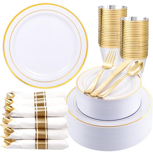 WDF Partyware 350Piece Gold Dinnerware Set for 50 Guests - Gold Plastic Plates with Disposable Cutlery Include:50Dinner Plates-50Dessert Plates-50Pre Rolled Napkins with Silverware