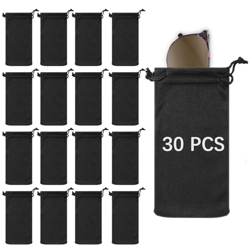 30 Pack Microfiber Glasses Pouch, Black Sunglasses Bag Pouches Bulk with Drawstrings Storage Bags Sunglass Case Soft Cloth Eyeglass Sleeve for Phone, Eye glasses