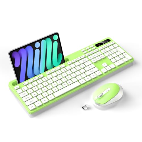 Wireless Keyboard and Mouse Combo, Soueto 2.4G Full-Sized Computer Keyboard with Phone Tablet Holder, 22 Multimedia Shortcuts, Numeric Keypad, 6 Button Silent Mouse for Windows, Mac (Bright Green)