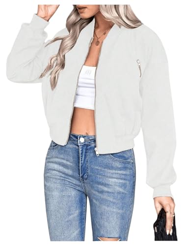 Verdusa Women's Cropped Bomber Jackets Casual Lightweight Jacket Zip Up Long Sleeve Coat White Small