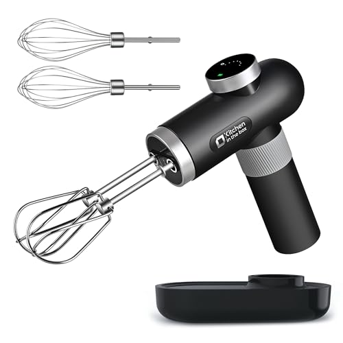 Kitchen in the box Cordless Rechargeable Hand Mixer for Kitchen, Portable Handheld Electric Mixer with Beaters, Whisks, 6-Speed Digital Display, Charging Base and USB-C Charge Cable (Classic Black)