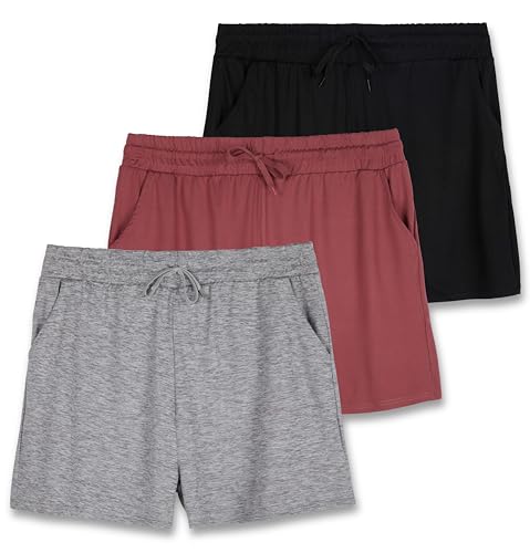 Real Essentials Women's Lounge Wear Short High Waisted Casual Sweat Shorts Pajama Summer Pockets Drawstring Workout Gym Active Athletic Yoga Running Fitness Ladies Sleep, Set 2, M, Pack of 3