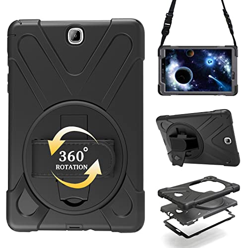 Shockproof Case for Samsung Galaxy Tab A 9.7'' 2015 (SM-T550 T555 SM-P550 P555),Portable Heavy Duty Tablet Cover with 360 Rotating Stand Handle Strap & Shoulder Belt Carrying Case (New Black)