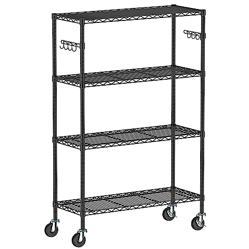 Folews 4-Tier Storage Shelving Unit with Wheels, Metal Rolling Storage Shelves Adjustable Layer Steel Rack Shelf, Wire Shelving Storage for Kitchen Garage Pantry Office, Black (14D x 36W x 57H)