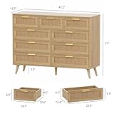 Rovaurx 9 Drawers Dresser for Bedroom, Boho Chest of Drawers with Metal Handles, Wooden Storage Organizer with Rattan Drawers for Closet, Living Room, Hallway, Natural RDG009M