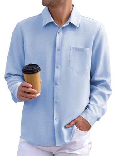 INCERUN Men's Beach Button Down Shirt Collared Long Sleeve T Shirt with Pocket Light Blue Large