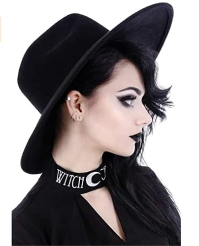 ENFUSO Gothic Nugoth Witchy Stiff Women's Fashion Accessory Black Wool Wide Brim Goth Witch Hat (Black01)