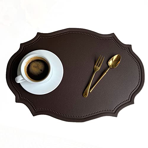 Leather Washable Placemats, Brown Thick Faux Leather Heat Resistant Elliptical Shape Table Mats,Waterproof Non-Slip Easy to Clean Place mat for Kitchen Coffee Dining Room Table Set of 6